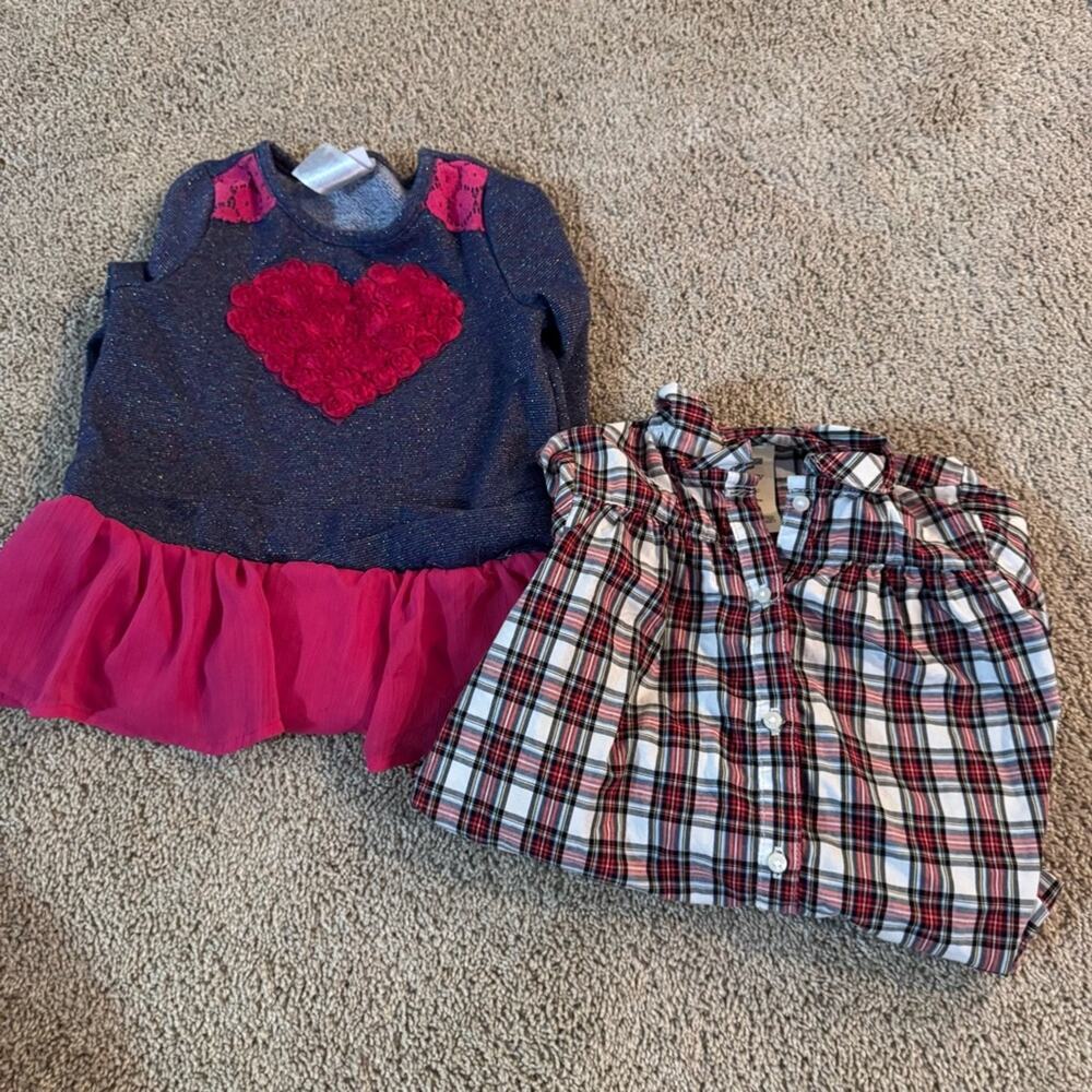 2 Piece LOT of Girls Size 4T Long Sleeve Tops Plaid Button Down & Sparkly Heart